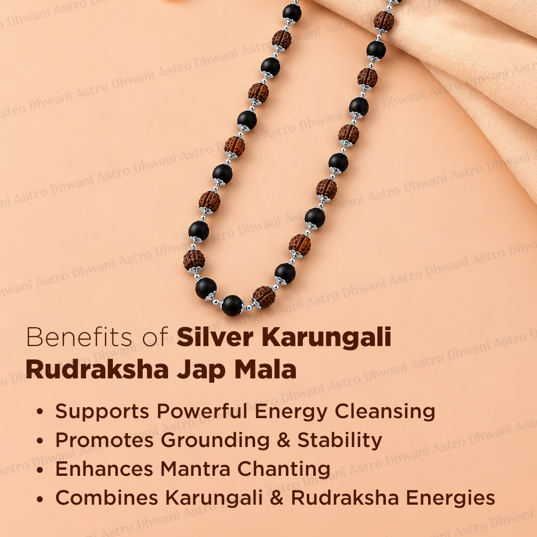 Silver Karungali Rudraksha Jap Mala for Mantra Chanting & Meditation