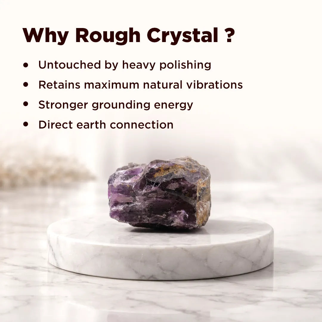 Rough crystal on a marble platform with text explaining benefitsRough Natural Amethyst Stone – Certified Raw Healing & Calmness Crystal