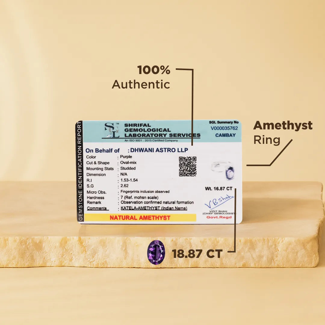 Amethyst ring with a certification label on a beige background