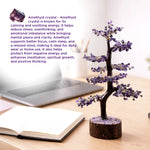 Amethyst crystal tree on a desk with laptop and notebook, text about amethyst properties.