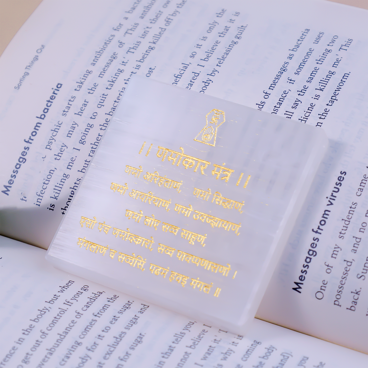 Namokar Mantra Selenite Plate – Perfect for Crystal Charging & Cleansing