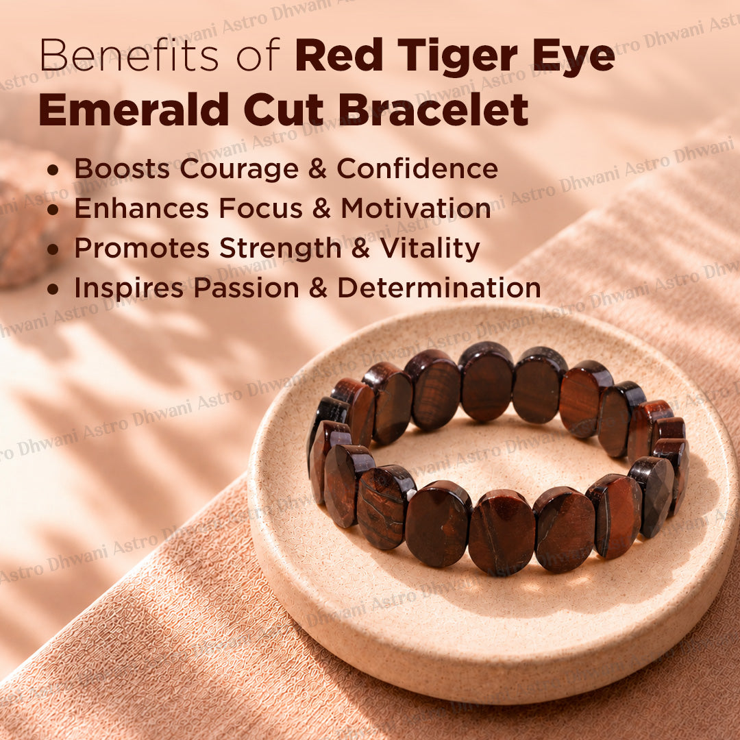 Red Tiger Eye Emerald Cut Bracelet - Abhimantrit & Certified