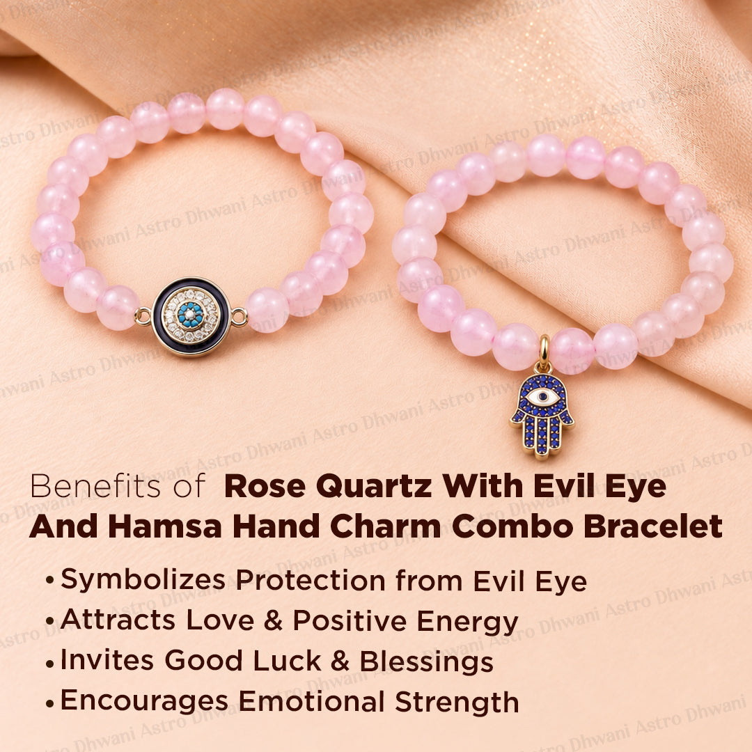 Rose Quartz Bracelet with Evil Eye & Hamsa Hand Charm Combo - Abhimantrit & Certified