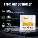 Crystal with architectural design and text on a dark background, featuring customer feedback statistics.