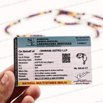 A hand holds a gemological identification report card for 'Dhwaril Astro LLP' showing details for 'Natural Multi Stones (Mala)', with a blurred multicolor beaded necklace in the background.