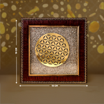 Decorative wall art with geometric design and wooden frame, shown with measurements.