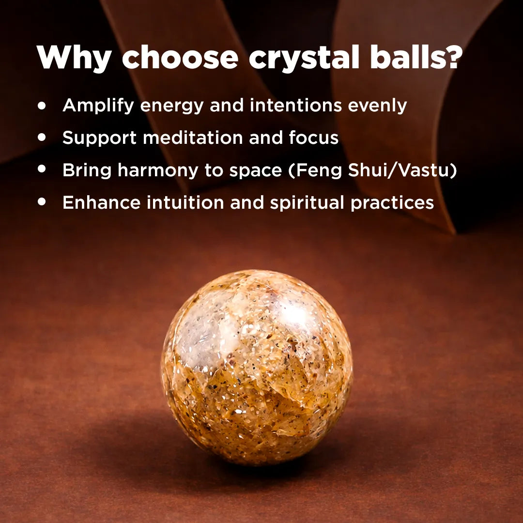 Crystal ball on a brown surface with text explaining benefits