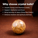 Crystal ball on a brown surface with text explaining benefits