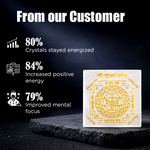 Crystal with gold design on a dark background with customer feedback text.