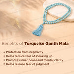 A turquoise beaded ganth mala necklace with a tassel is displayed on a soft beige fabric background with a white stone plate. Text on the image lists the benefits of wearing a turquoise ganth mala, including protection from negativity and help in reducing fear of speaking up.