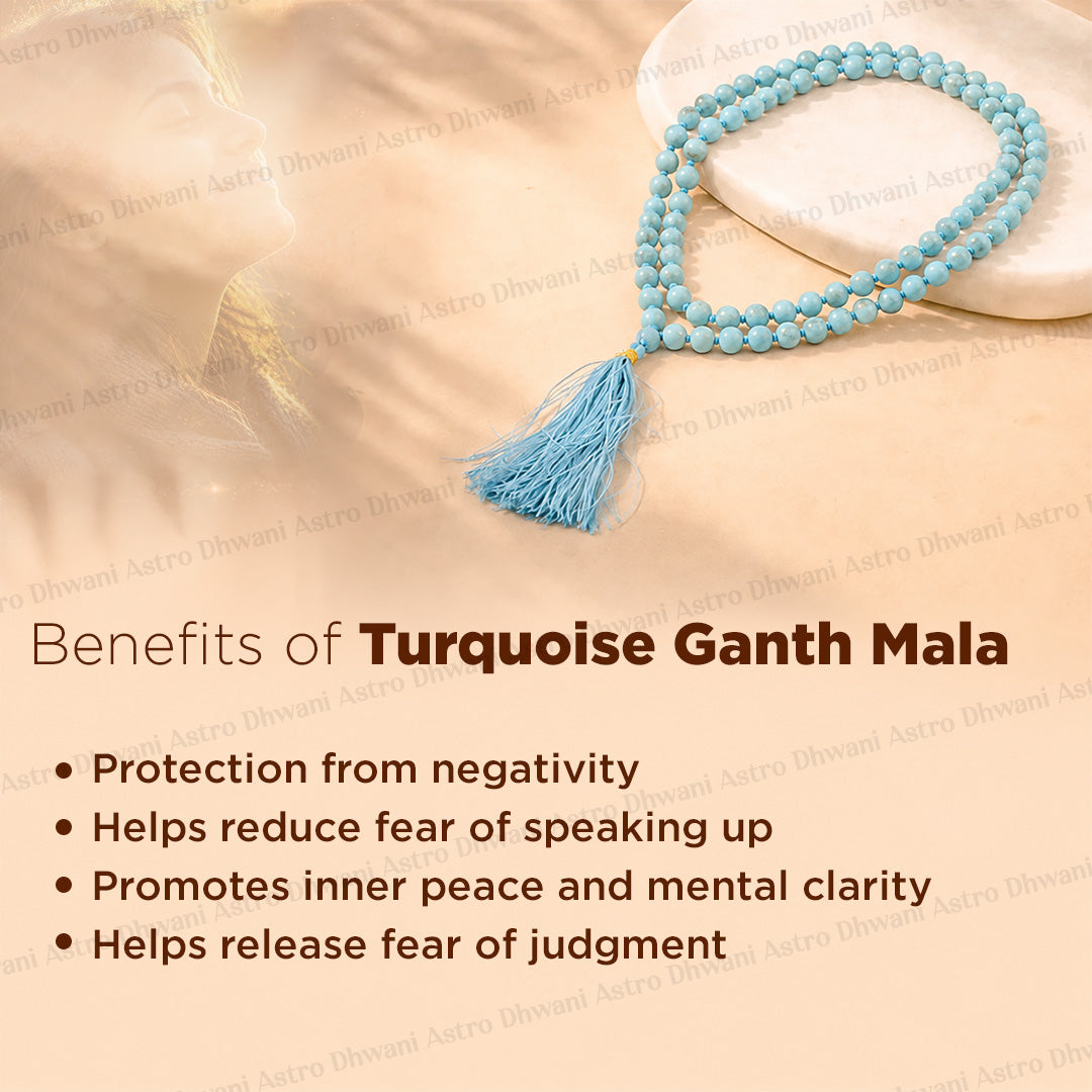 A turquoise beaded ganth mala necklace with a tassel is displayed on a soft beige fabric background with a white stone plate. Text on the image lists the benefits of wearing a turquoise ganth mala, including protection from negativity and help in reducing fear of speaking up.