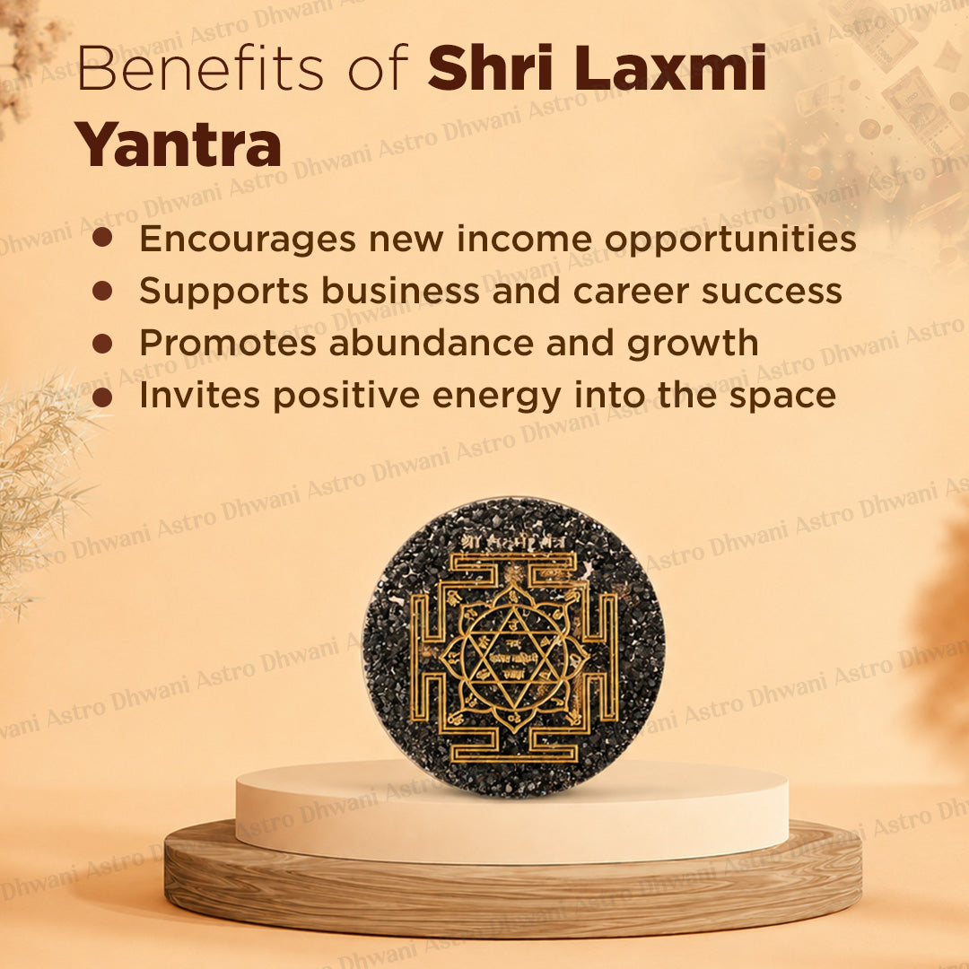 A circular black and gold Shri Laxmi Yantra plaque displayed on a two-tiered wooden and cream pedestal. The background is a warm beige with text detailing the spiritual benefits of the yantra, including income opportunities and business success.