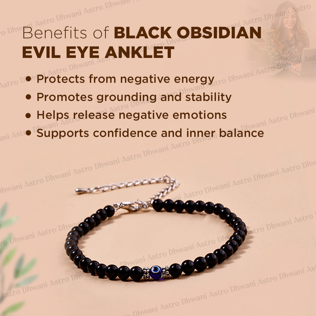 Black obsidian evil eye anklet with a silver chain and blue evil eye charm, displayed on a beige background with text detailing its benefits.