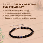 Black obsidian evil eye anklet with a silver chain and blue evil eye charm, displayed on a beige background with text detailing its benefits.
