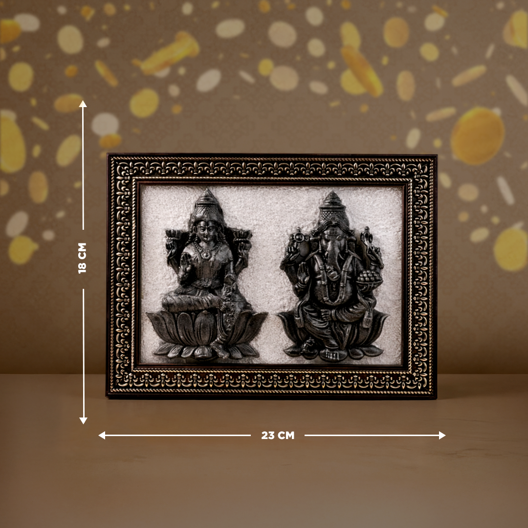 Decorative frame with two statues on a textured brown background