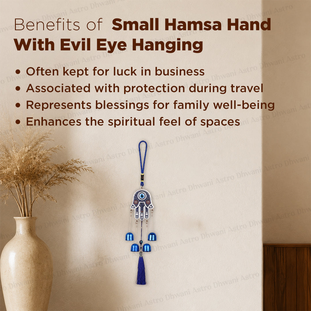 Small Hamsa Hand & Evil Eye Hanging with 5 Bells  – Abhimantrit