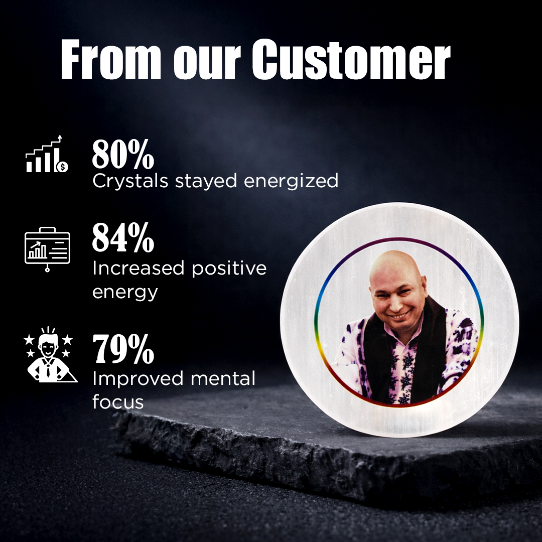 Crystal with a person's face on it, surrounded by statistics about crystal benefits on a dark background.