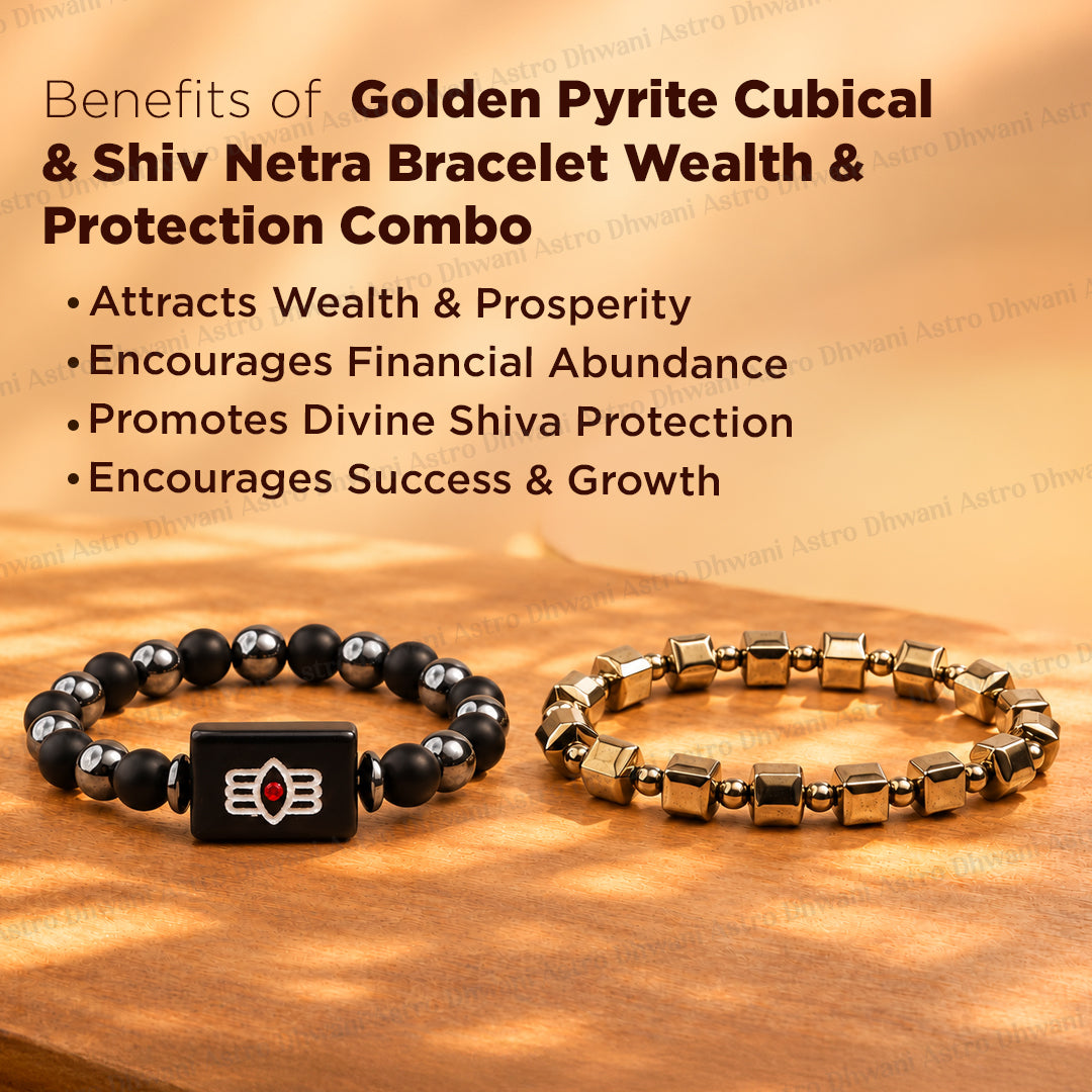 Golden Pyrite Cubical & Shiv Netra Bracelet for Wealth & Protection