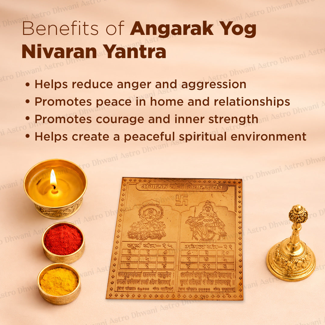 An informational product graphic for Angarak Rog Nivaran Yantra. The image features a central brass-colored rectangular yantra plaque with traditional Indian deity illustrations, flanked by a lit brass diya (oil lamp), a small brass vessel with red powder, and a brass incense holder.Angarak Yog Nivaran Yantra | Mangal Dosha Yantra | Vedic Puja Yantra for Home