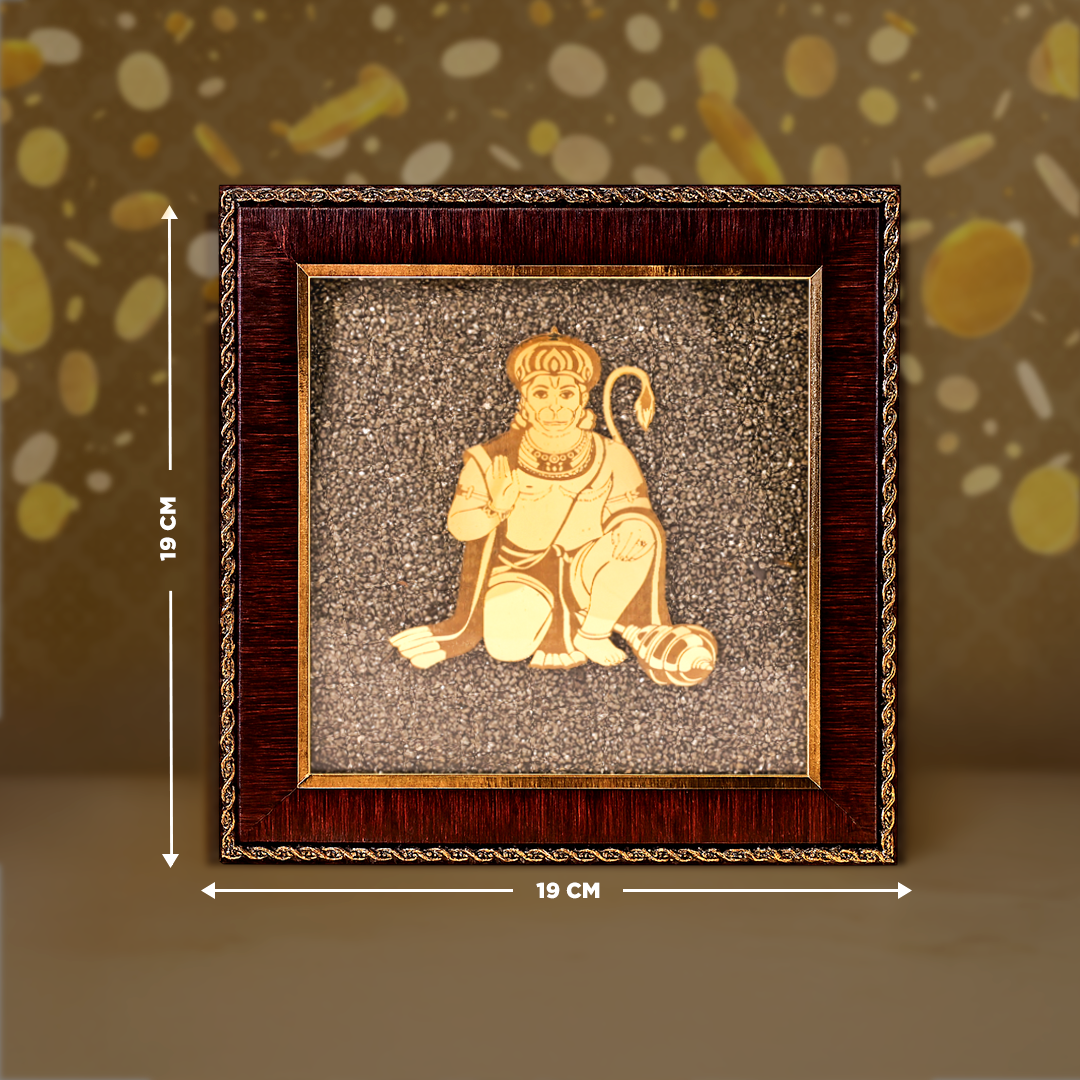 Decorative frame with a small image of a seated figure on a textured backgroundHanuman Ji Raw Pyrite Frame - Protection & Strength Energy Frame