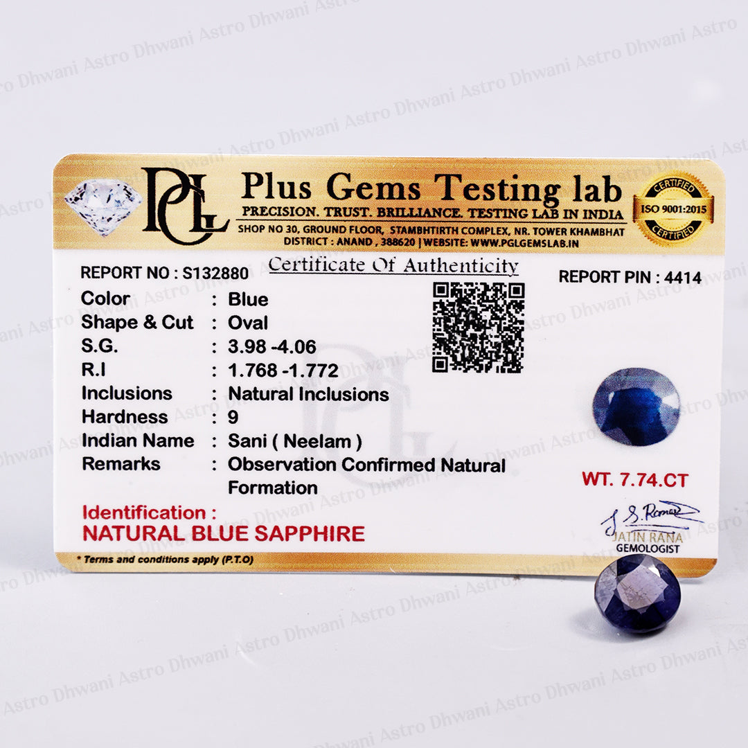 Blue Sapphire (Neelam) 7.74 Carat (Pointed Oval)