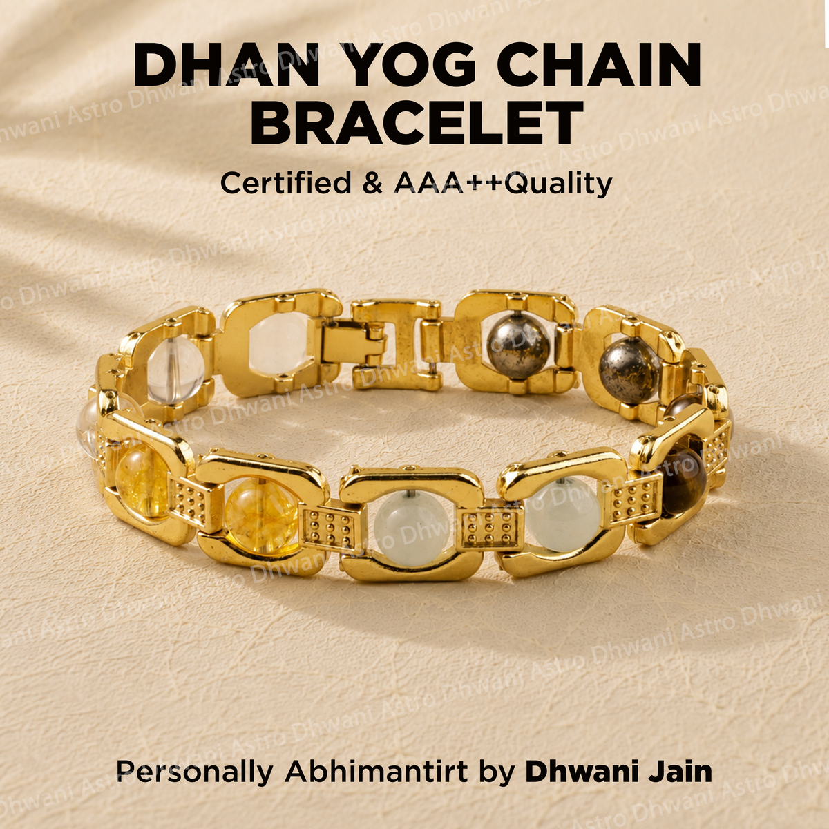 Gold Dhan Yog Chain Bracelet on a beige background with text about certification and quality.
