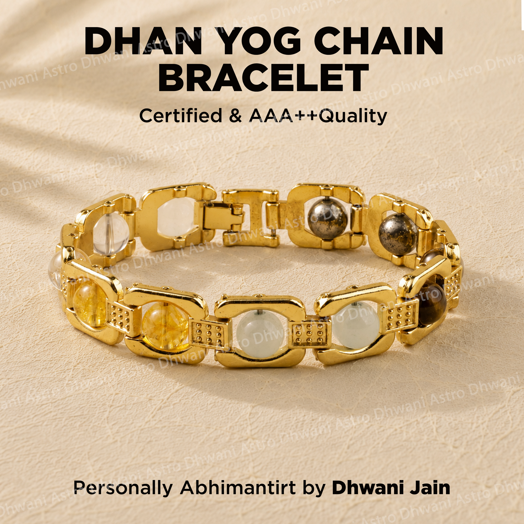 Gold Dhan Yog Chain Bracelet on a beige background with text about certification and quality.