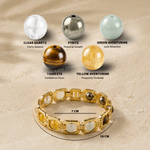 Gold bracelet with embedded stones labeled for their energies on a beige background