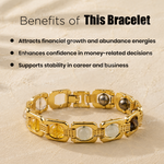 Gold bracelet with text highlighting benefits on a beige background