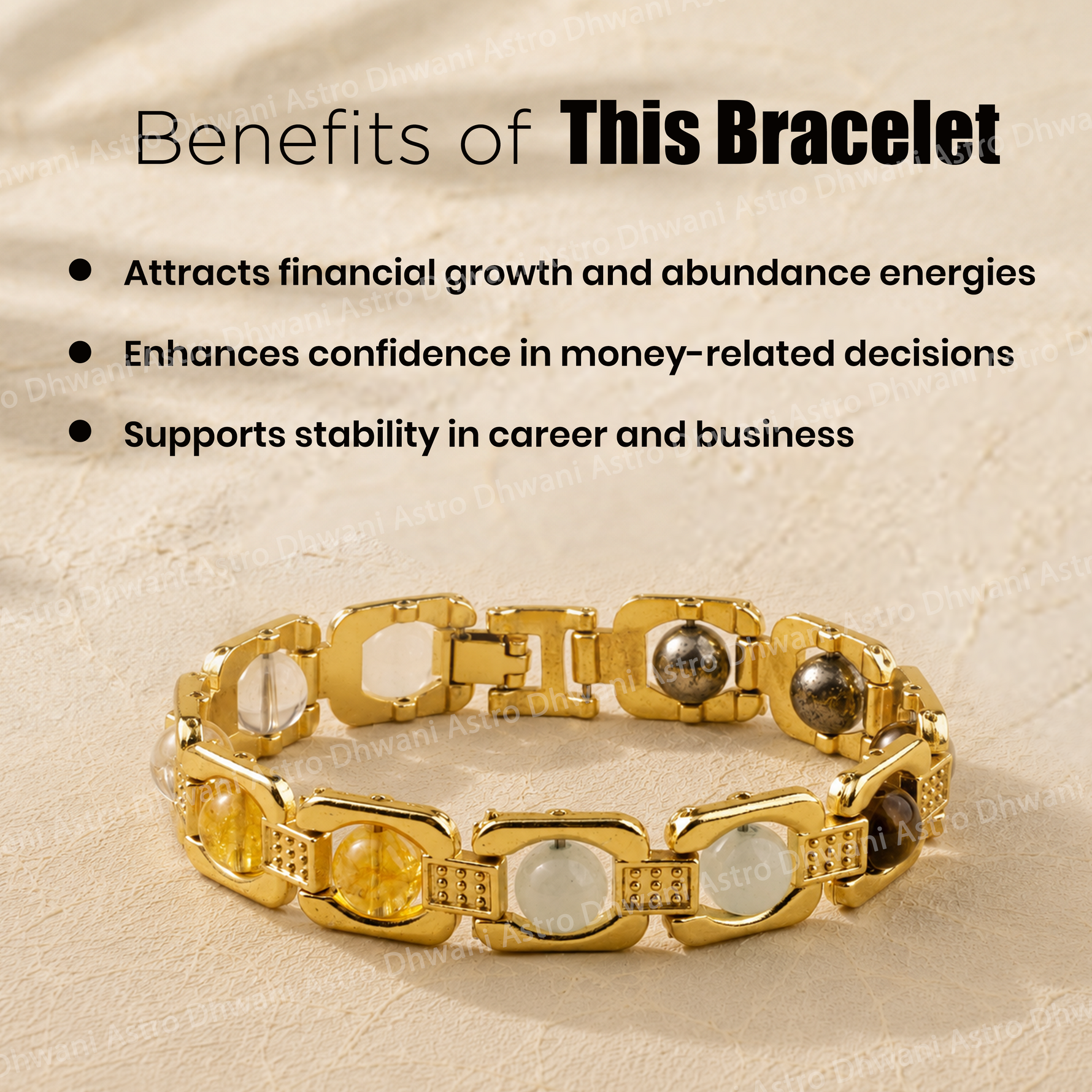 Gold bracelet with text highlighting benefits on a beige backgroundDhan Yog Chain Bracelet for Prosperity, Focus & Positive Energy