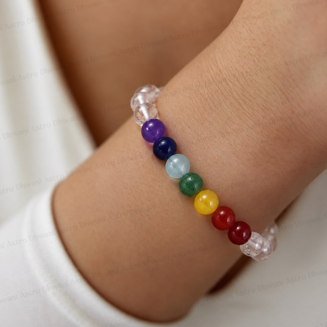 Clear Quartz with 7 Chakra Bracelet - Abhimantrit & Certified