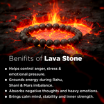 Lava stone bracelet on a fiery background with text about its benefits.