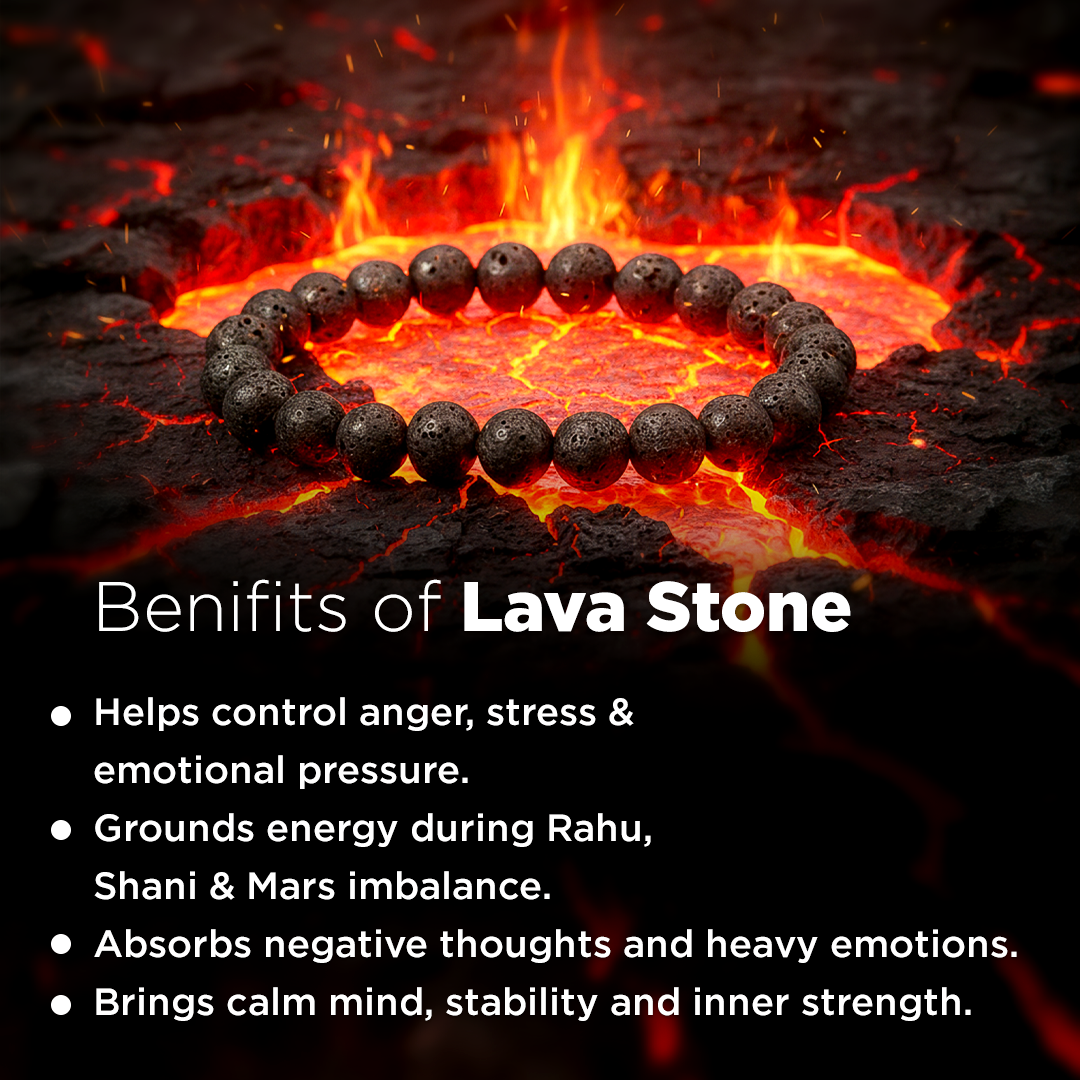 Lava stone bracelet on a fiery background with text about its benefits.Lava Stone Bracelet - Grounding & Protection Energy Bracelet