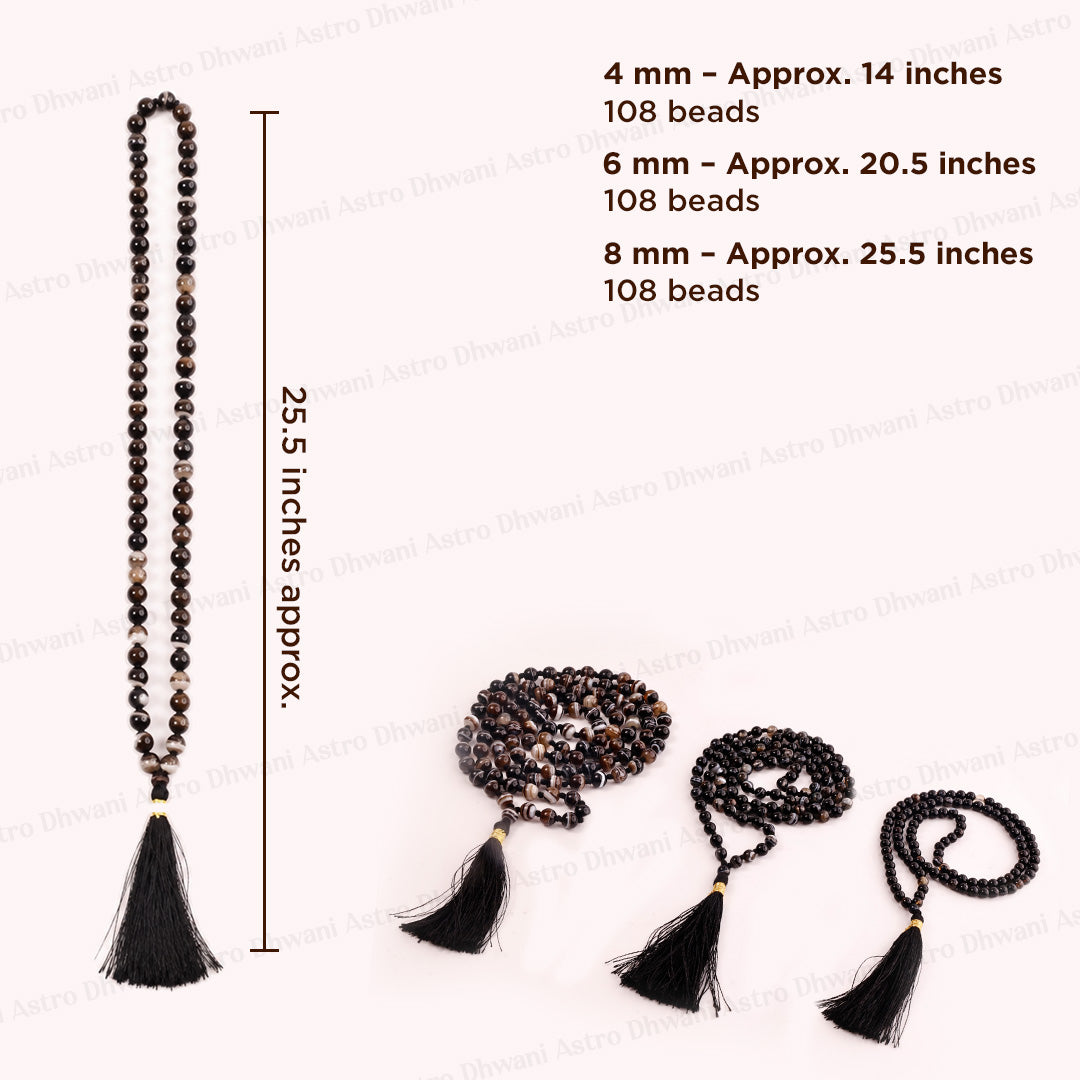 Black beaded mala prayer beads shown with length and bead-count specifications on a light background. The image includes a straight laid mala measuring about 25.Sulemani Hakik Mala | Black Agate 108 Beads Mala | Meditation & Spiritual Japa Mala