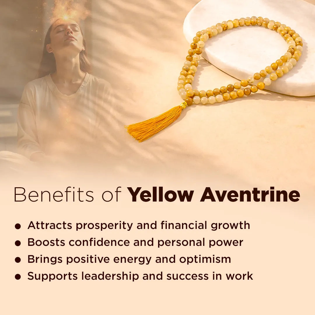 Yellow aventurine beads with a person meditating in a warm-toned setting