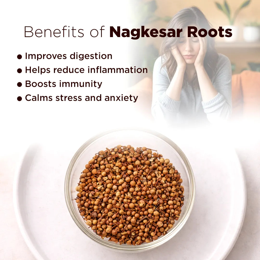Benefits of Nagkesar Roots with a bowl of roots and a person stressed in the background