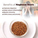 Benefits of Nagkesar Roots with a bowl of roots and a person stressed in the background