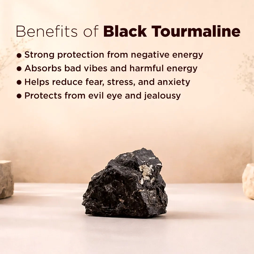 Black tourmaline crystal with text on its benefits on a beige background