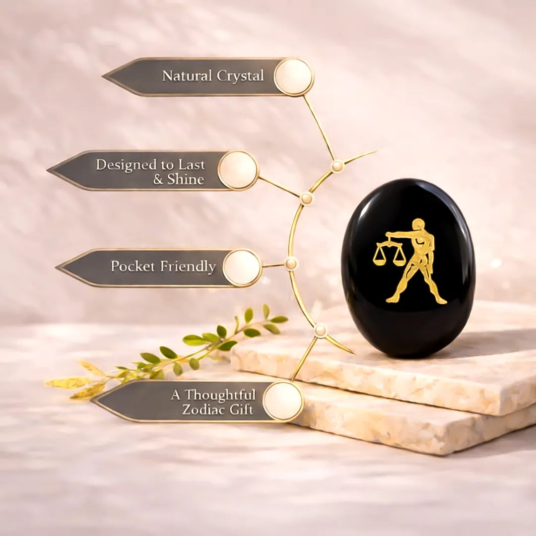 Black crystal with Libra zodiac symbol on a decorative background