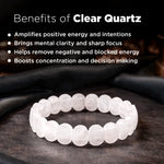 Clear quartz bracelet with benefits listed on a dark background