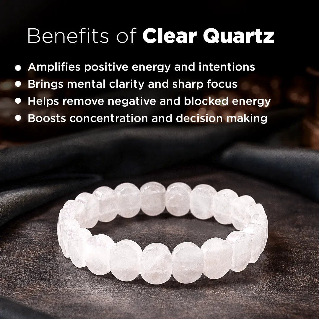 Clear quartz bracelet with benefits listed on a dark backgroundClear Quartz Emerald Cut Bracelet – Relief from Depression, Anger & Anxiety