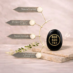 Black crystal stone with gold numbers on a light background, featuring text about its qualities.