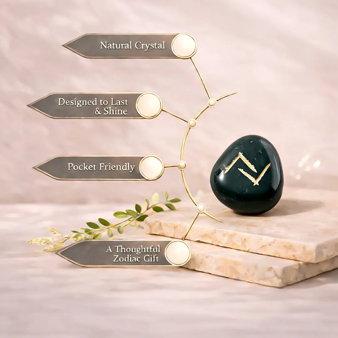 Green crystal stone with gold zodiac symbol on a marble surface, surrounded by decorative elements.