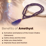 Amethyst necklace with tassel on a light background, featuring text about the benefits of amethyst.