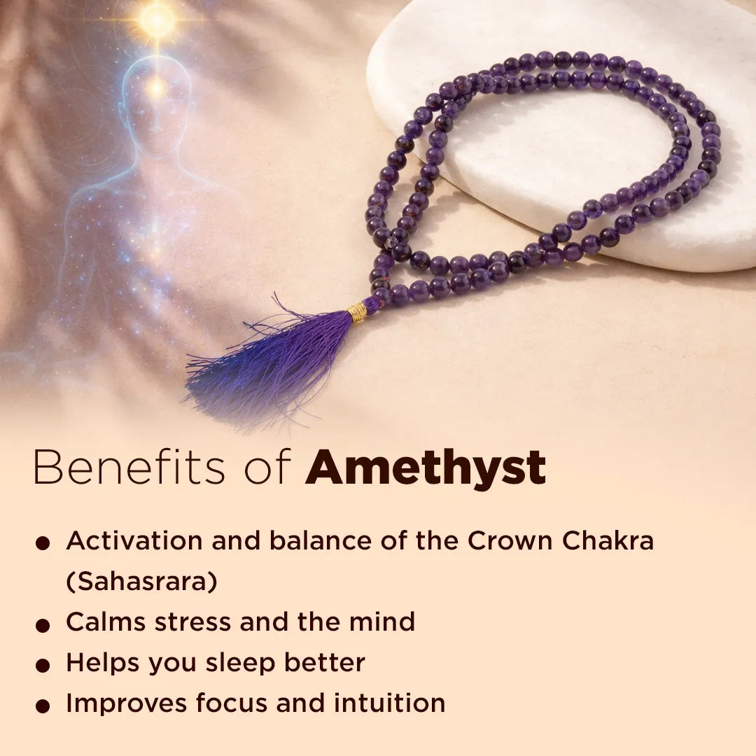 Amethyst necklace with tassel on a light background, featuring text about the benefits of amethyst.Amethyst Crystal Mala – Peace, Focus & Spiritual Healing