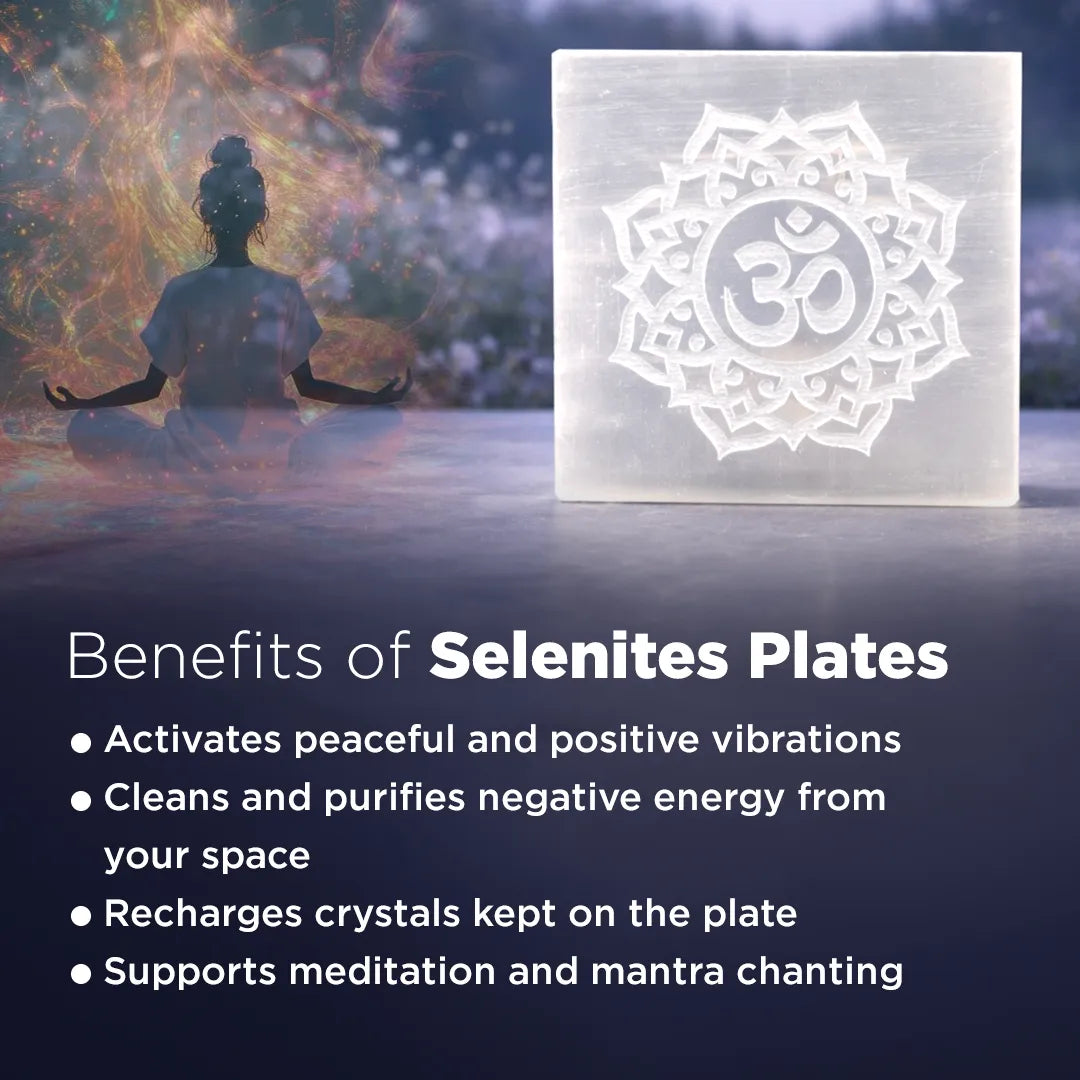 Selenite plate with Om symbol on a blurred meditation scene backgroundOM Selenite Plate – Square Energy Cleansing & Charging Plate