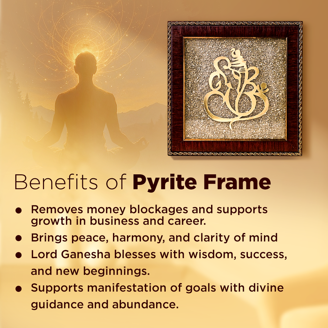 Pyrite frame with Ganesha symbol on a warm background with a silhouette of a person in meditation.Ganesh Ji Raw Pyrite Frame - Prosperity & Obstacle Removal Frame