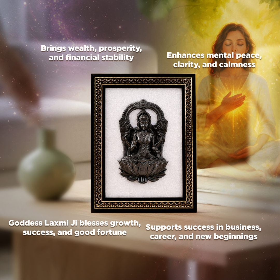Framed statue of a deity with text about its benefits on a blurred background