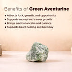 Green aventurine stone with text listing its benefits on a beige background