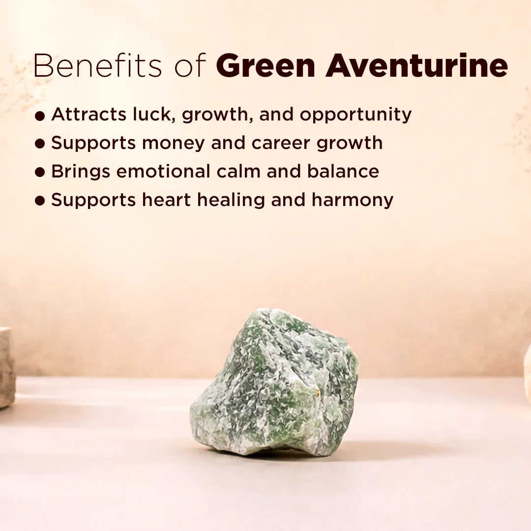 Green aventurine stone with text listing its benefits on a beige backgroundRough Natural Green Aventurine Stone – Certified Raw Wealth & Luck